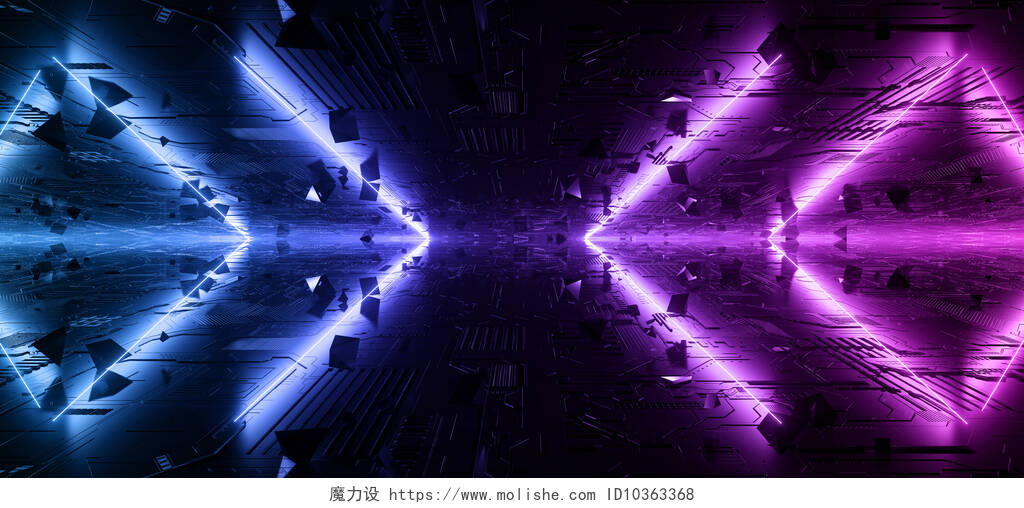 黑色背景蓝色和紫色的光带ScFi Futuristic Neon laser Blue Purple Vibrant Glowing Lights Dark Night on Schematic Textured Metallic Refelctive Hi Tech Floor WIth Floating Pyramid Abstract Shapes Background 3D Rendering Illustration